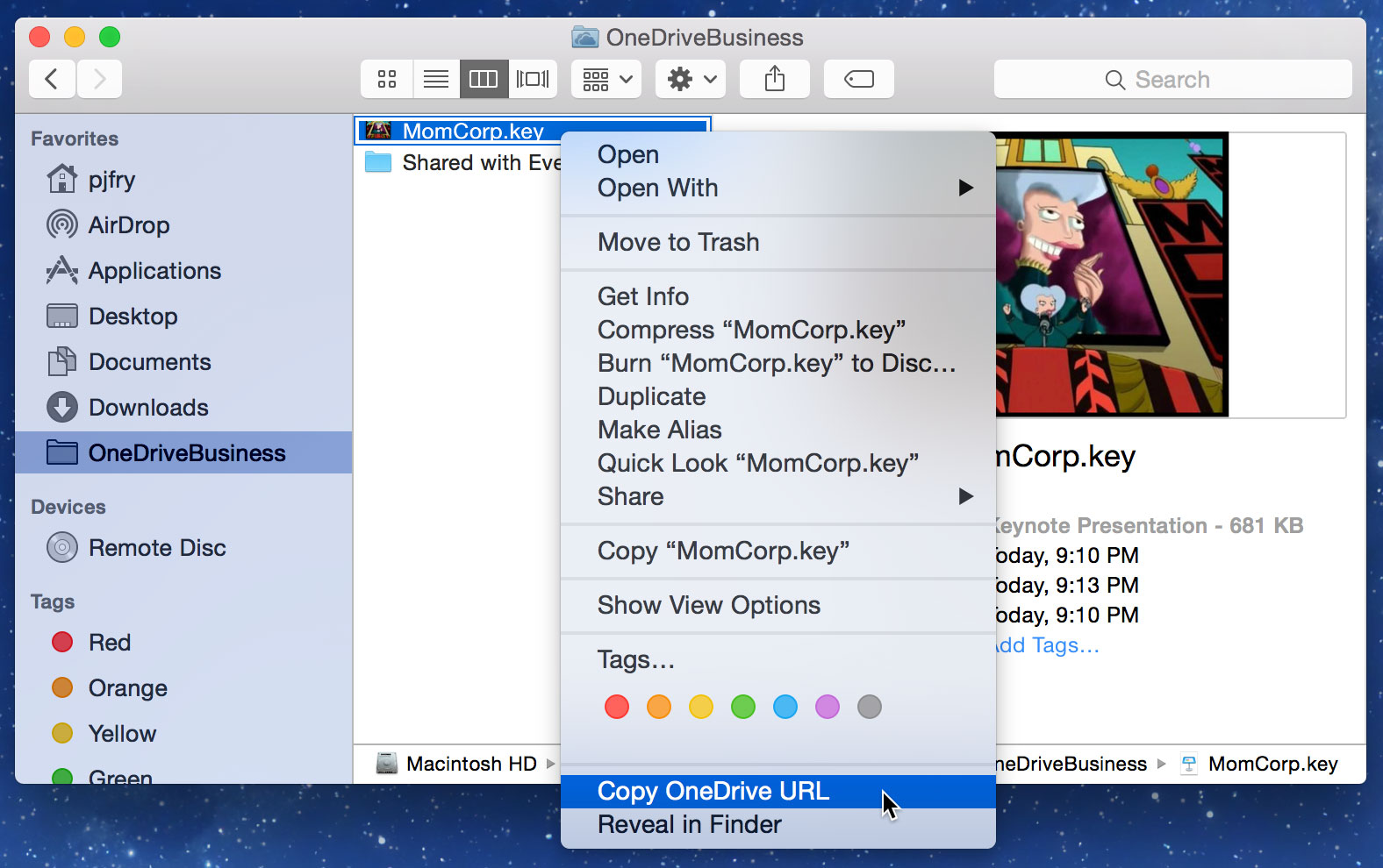 screenshot of 'Copy OneDrive URL' in Finder context menu